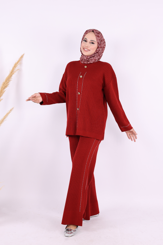 Taş İşleme ve Düğme Detaylı Triko Takım 12657 Bordo - 3
