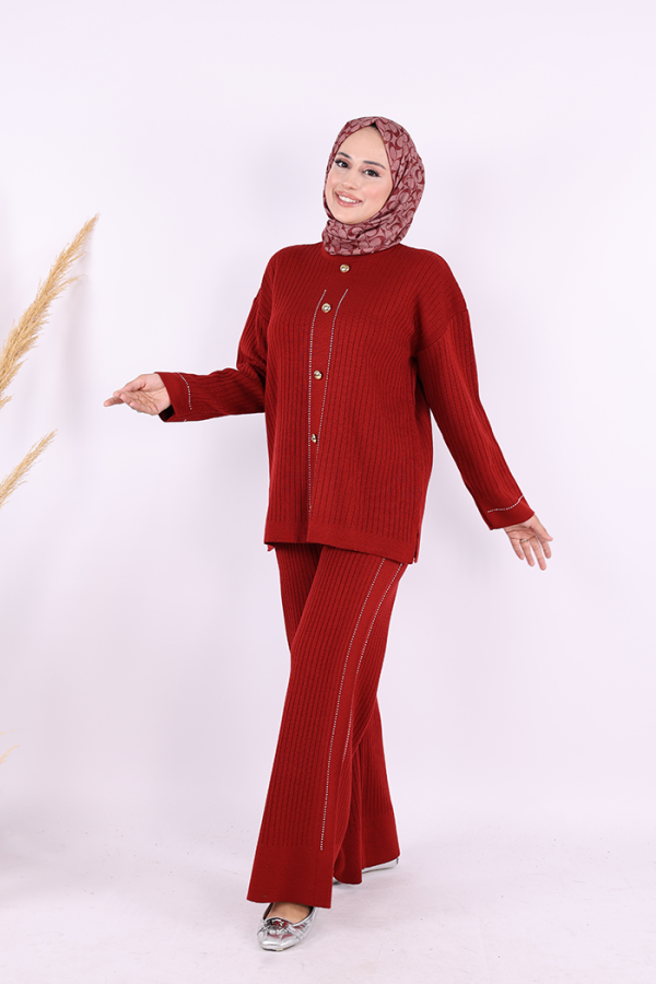 Taş İşleme ve Düğme Detaylı Triko Takım 12657 Bordo - 3