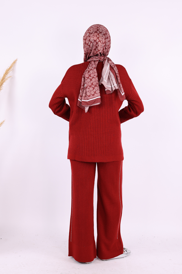 Taş İşleme ve Düğme Detaylı Triko Takım 12657 Bordo - 4