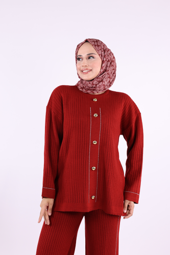 Taş İşleme ve Düğme Detaylı Triko Takım 12657 Bordo - 5