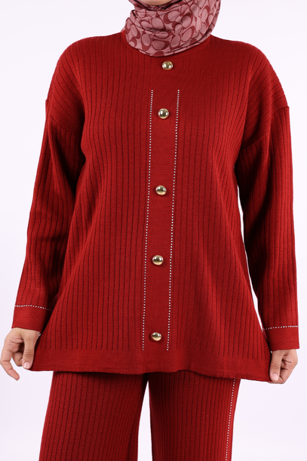 Taş İşleme ve Düğme Detaylı Triko Takım 12657 Bordo - 6