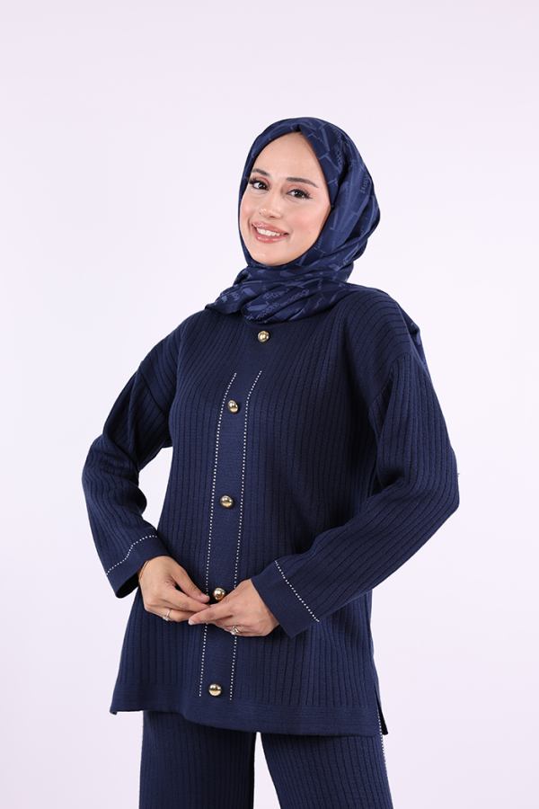Taş İşleme ve Düğme Detaylı Triko Takım 12657 Lacivert - 4