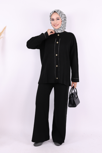 Taş İşleme ve Düğme Detaylı Triko Takım 12657 Siyah - Bym Fashion