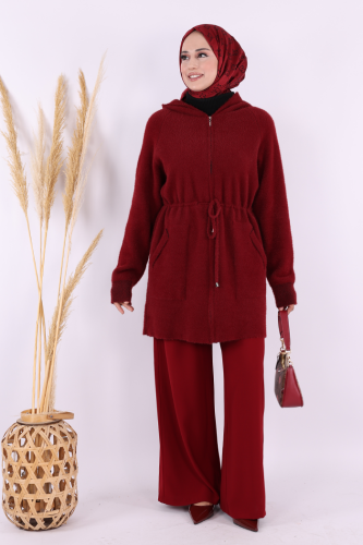 Cepli ve Fermuar Detaylı Sakallı Hırka 12659 Bordo - Bym Fashion