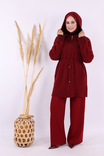 Cepli ve Fermuar Detaylı Sakallı Hırka 12659 Bordo - 3