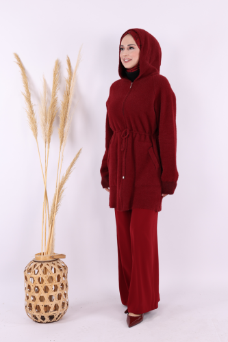Cepli ve Fermuar Detaylı Sakallı Hırka 12659 Bordo - 4