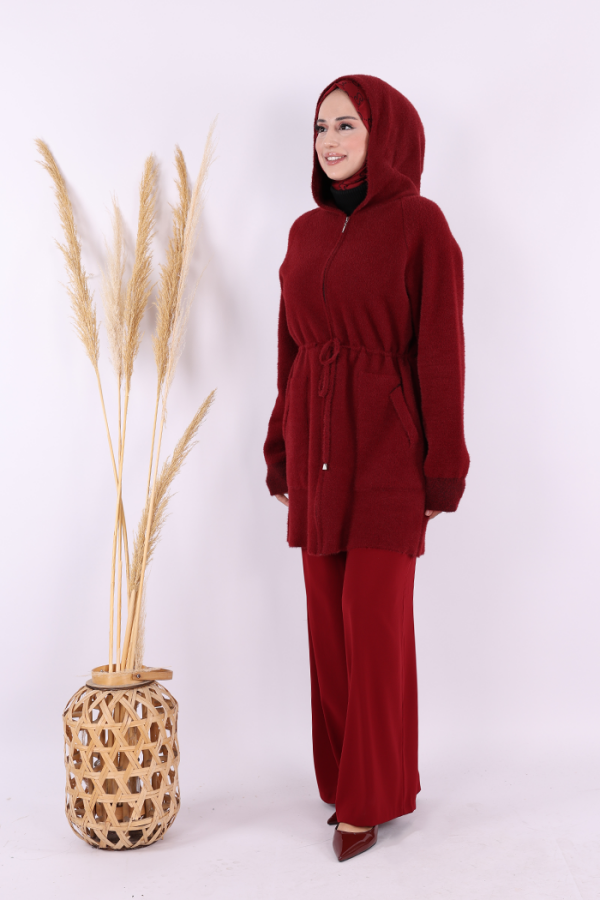 Cepli ve Fermuar Detaylı Sakallı Hırka 12659 Bordo - 4