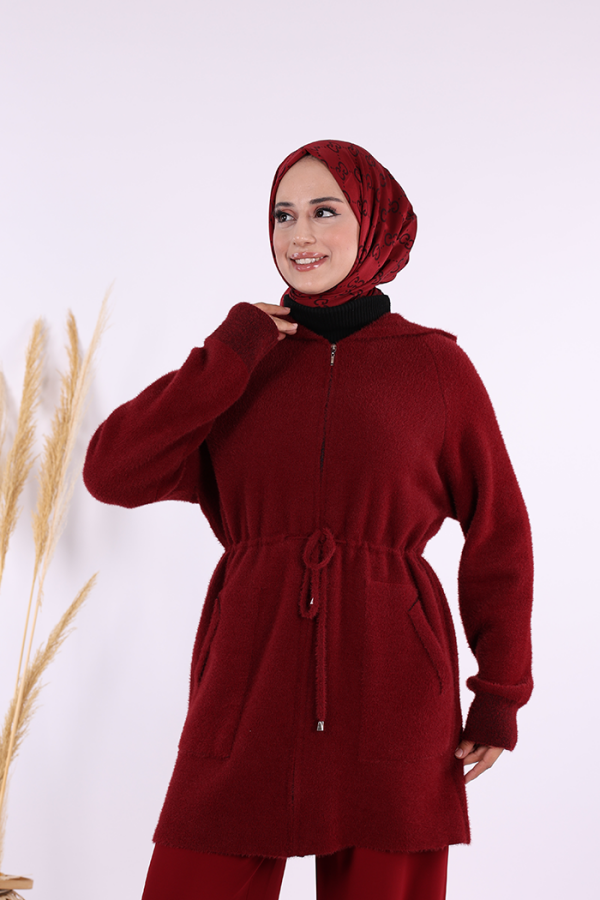 Cepli ve Fermuar Detaylı Sakallı Hırka 12659 Bordo - 6