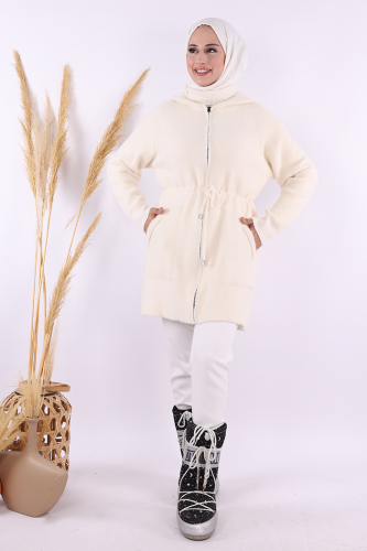 Cepli ve Fermuar Detaylı Sakallı Hırka 12659 Ekru - Bym Fashion