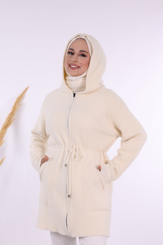 Cepli ve Fermuar Detaylı Sakallı Hırka 12659 Ekru - 4