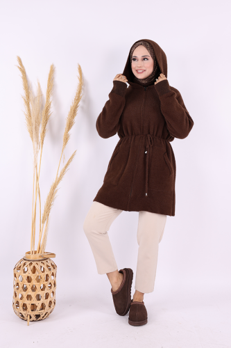 Cepli ve Fermuar Detaylı Sakallı Hırka 12659 Kahverengi - Bym Fashion