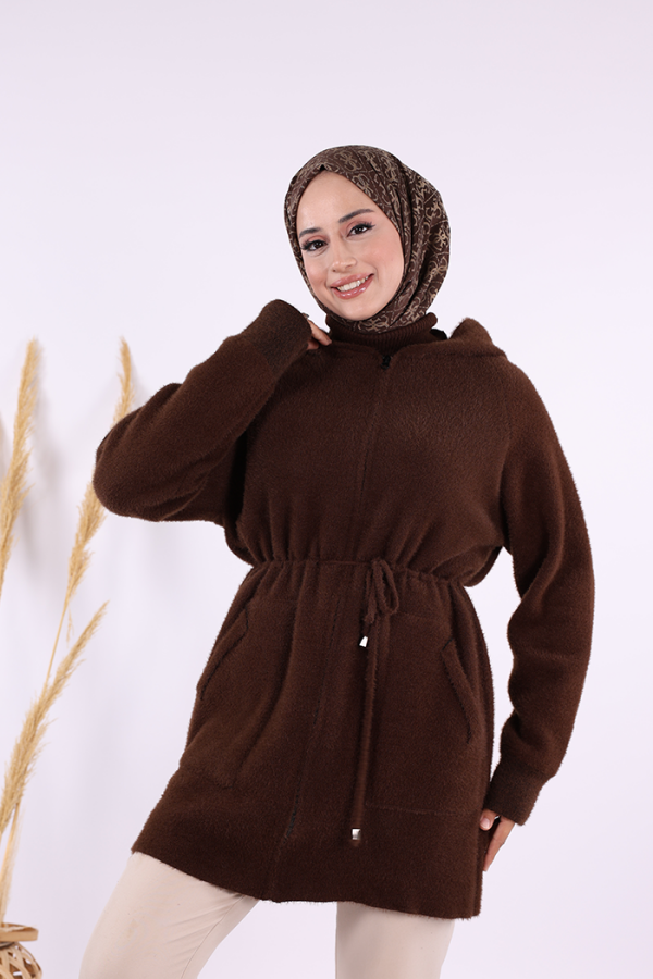 Cepli ve Fermuar Detaylı Sakallı Hırka 12659 Kahverengi - 5