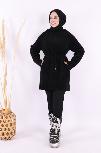 Cepli ve Fermuar Detaylı Sakallı Hırka 12659 Siyah - Bym Fashion