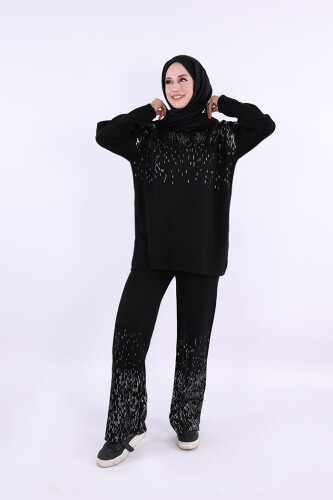Gümüş Baskı Detaylı Triko Takım 12665 Siyah - Bym Fashion