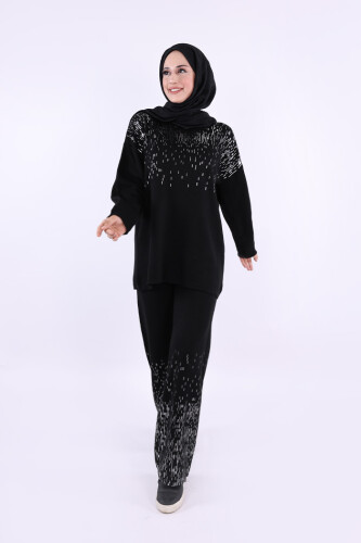 Gümüş Baskı Detaylı Triko Takım 12665 Siyah - 2
