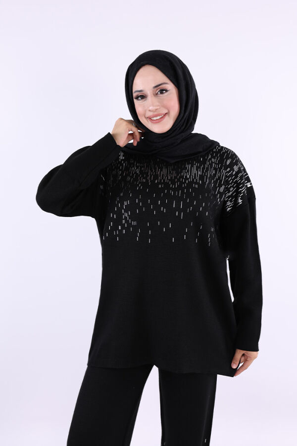 Gümüş Baskı Detaylı Triko Takım 12665 Siyah - 3