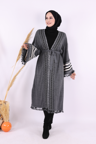 Etrik İşlemeli Triko Kimono 12675 Gri - Bym Fashion