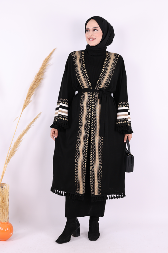 Etrik İşlemeli Triko Kimono 12675 Siyah - Bym Fashion