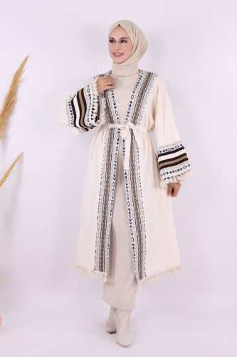 Etrik İşlemeli Triko Kimono 12675 Taş - Bym Fashion