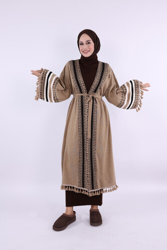 Etrik İşlemeli Triko Kimono 12675 Vizon - 2