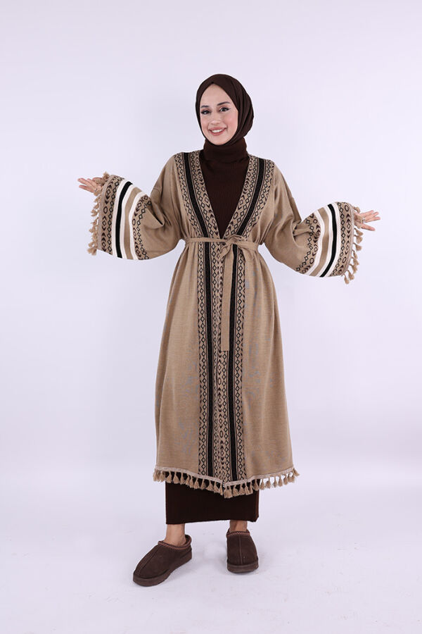 Etrik İşlemeli Triko Kimono 12675 Vizon - 2