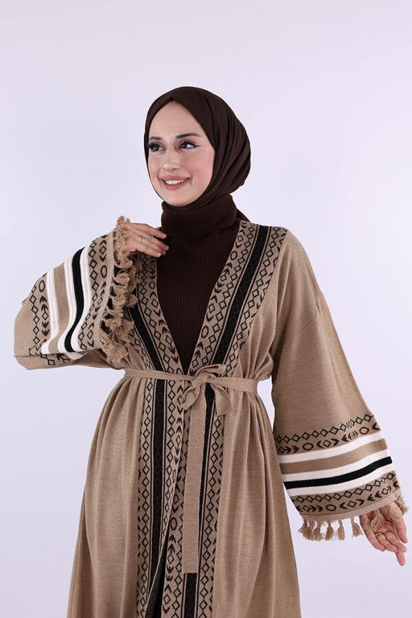 Etrik İşlemeli Triko Kimono 12675 Vizon - 8