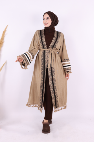 Etrik İşlemeli Triko Kimono 12675 Vizon 
