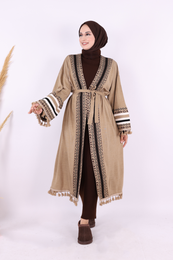 Etrik İşlemeli Triko Kimono 12675 Vizon - 1