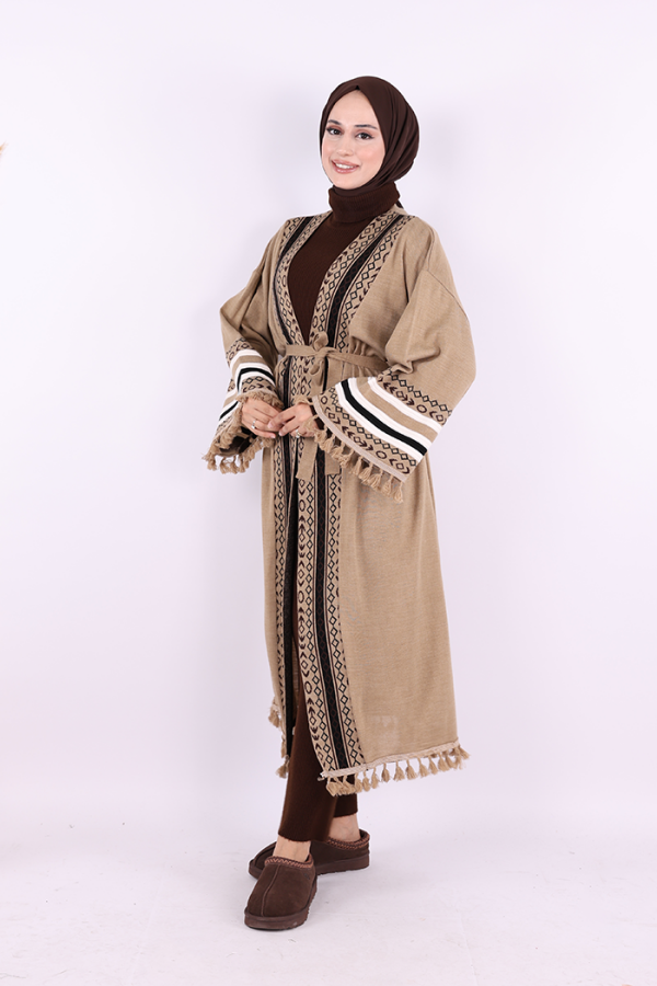Etrik İşlemeli Triko Kimono 12675 Vizon - 3