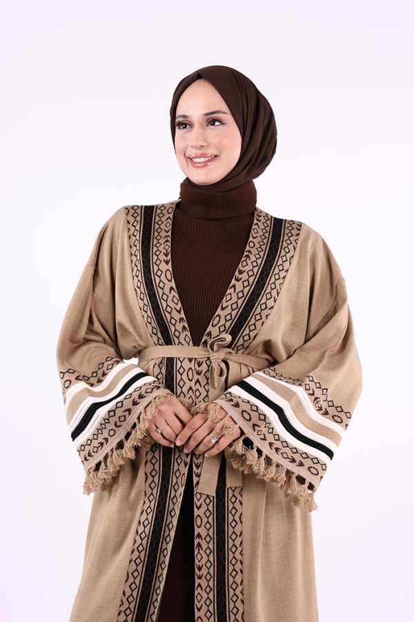 Etrik İşlemeli Triko Kimono 12675 Vizon - 7