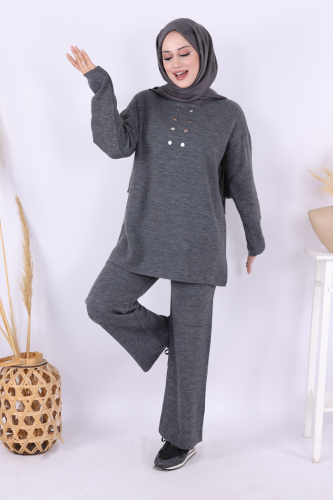Yarım Balıkçı Önü Düğme Detaylı Takım 1630 Antrasit - Bym Fashion