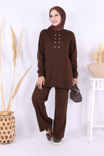 Yarım Balıkçı Önü Düğme Detaylı Takım 1630 Kahverengi 