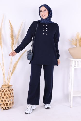 Yarım Balıkçı Önü Düğme Detaylı Takım 1630 Lacivert - Bym Fashion