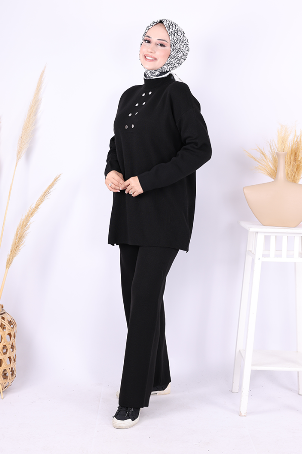 Yarım Balıkçı Önü Düğme Detaylı Takım 1630 Siyah - 2