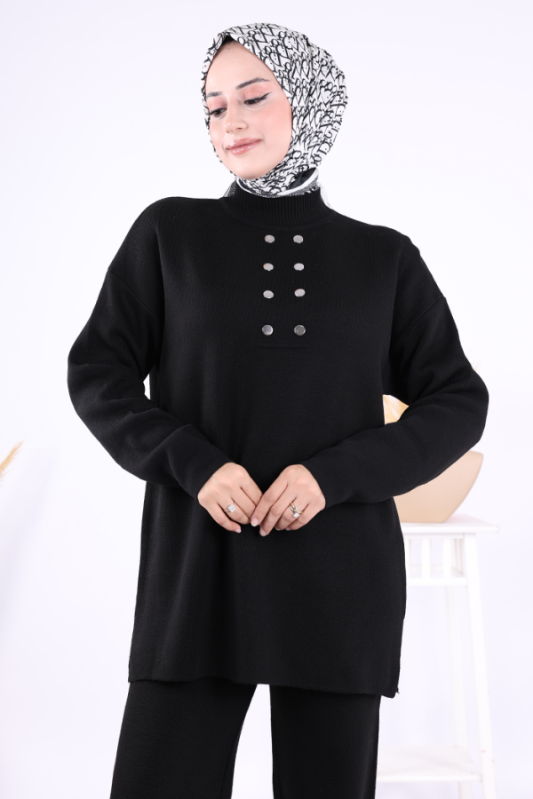 Yarım Balıkçı Önü Düğme Detaylı Takım 1630 Siyah - 4