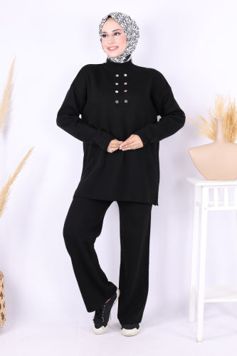 Yarım Balıkçı Önü Düğme Detaylı Takım 1630 Siyah - Bym Fashion