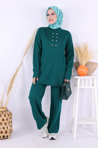 Yarım Balıkçı Önü Düğme Detaylı Takım 1630 Zümrüt - Bym Fashion