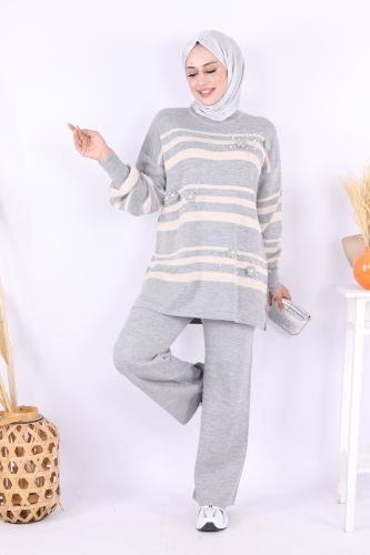 Çizgili Triko Takım 1635 Gri - Bym Fashion
