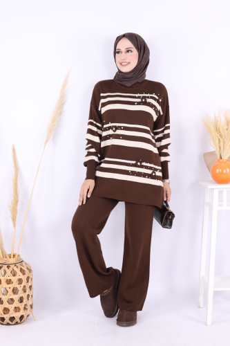 Çizgili Triko Takım 1635 Kahverengi - Bym Fashion