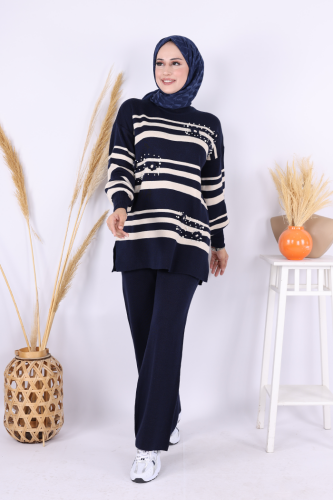 Çizgili Triko Takım 1635 Lacivert - Bym Fashion