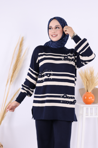 Çizgili Triko Takım 1635 Lacivert - 4