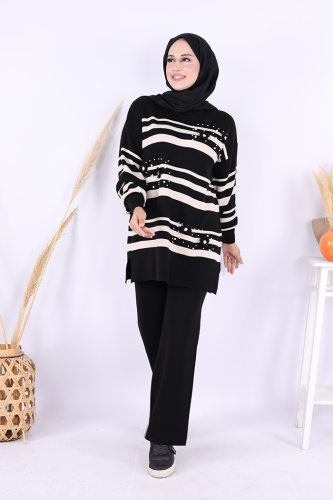 Çizgili Triko Takım 1635 Siyah - Bym Fashion