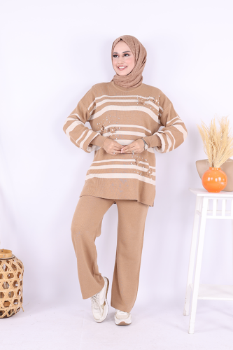 Çizgili Triko Takım 1635 Vizon - Bym Fashion