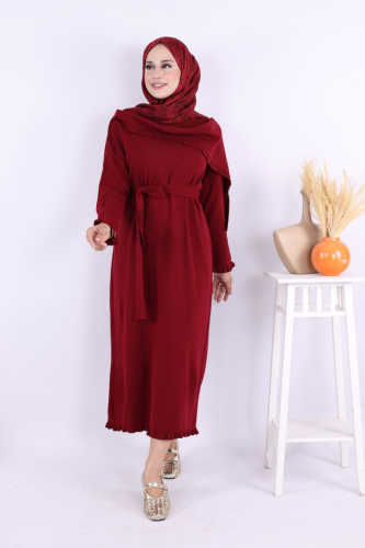 Omuzda Apolet Fırfırlı Triko Elbise 17030 Bordo - Bym Fashion