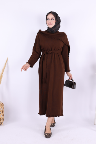 Omuzda Apolet Fırfırlı Triko Elbise 17030 Kahverengi - Bym Fashion