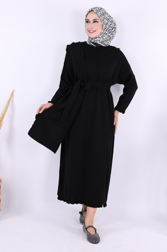 Omuzda Apolet Fırfırlı Triko Elbise 17030 Siyah - Bym Fashion