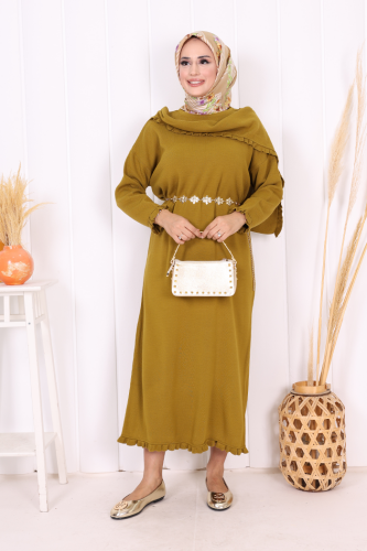 Omuzda Apolet Fırfırlı Triko Elbise 17030 Yağ Yeşili - Bym Fashion