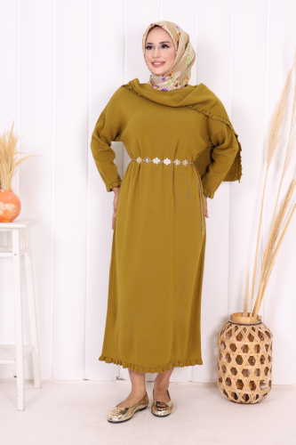 Omuzda Apolet Fırfırlı Triko Elbise 17030 Yağ Yeşili - 2