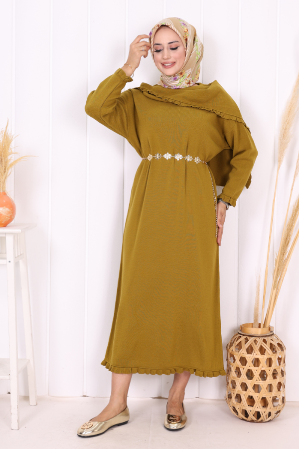 Omuzda Apolet Fırfırlı Triko Elbise 17030 Yağ Yeşili - 5