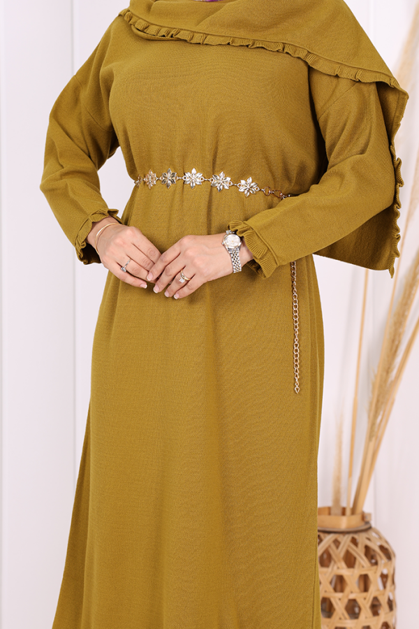 Omuzda Apolet Fırfırlı Triko Elbise 17030 Yağ Yeşili - 8